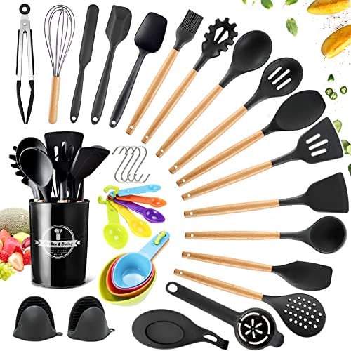 TAVADA 49 Piezas Utensilios Cocina de Silicona, juego Resistente al Calor,herramienta antiadherente con mango de madera (sin BPA)