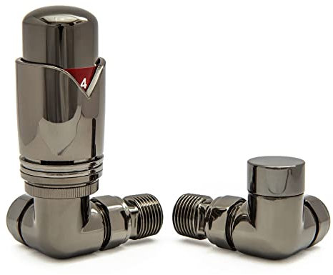 Hot Flow Black Nickel Marella 3 Modern Thermostatic Radiator Valve Corner TRV. Includes Corner TRV Body, Wheel Head & Lock Shield for Quick & Easy Temperature Control.