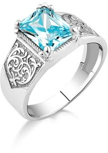 BySilverStone Jewelry Fleur De Lis Herrenring Aus Silber Mit Blauem Topas, Gravierter Aquamarin-Steinring Für Herren, Siegelring Mit Viktorianischen Symbolen Für Herren