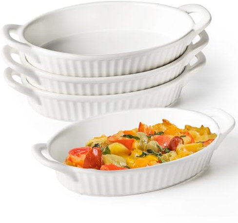 Frewinky bakfat, 23 cm keramisk bakform set med handtag värmebeständiga, minigryta rätter för ugn, ovala porslin bakformar för gratin, gryta och rostning, set med 4, vit