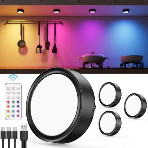Rechargeable RGB Puck Lights with Remote Control, Black 2400mAh Battery Stick On Spot Lights Indoor for Cupboards USB C Coloured Under Kitchen Cabinet Lighting Magnetic LED Touch Light for Shelf Stair