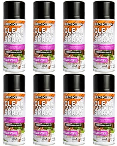 Pro-Kleen Clear Lacquer Spray - Protects and Seals - for Metal, Wood, Plastics & Ceramics - Fast Drying Formula for Interior and Exterior Surfaces - Clear, Durable & Flexible - (Gloss, 8 x 400ml)