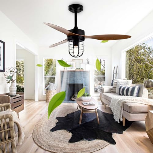Lampe Ventilateur de Plafond Vintage 107cm - 3 Pales, Lustre Silencieux Moteur DC, 6 Vitesses Avec Minuteur, E27 - Couleur Noyer