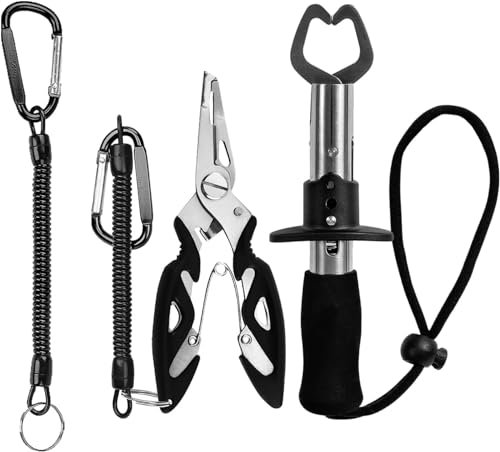 Fyfjur Angelzange und Fischgriff-Werkzeuge Set, Multifunktionale Edelstahl Sprengringzange Angeln mit 2 Sicherheitsseil, Angelhakenentferner, Fischereizange Angelzubehör, Angelgeschenke für Männer