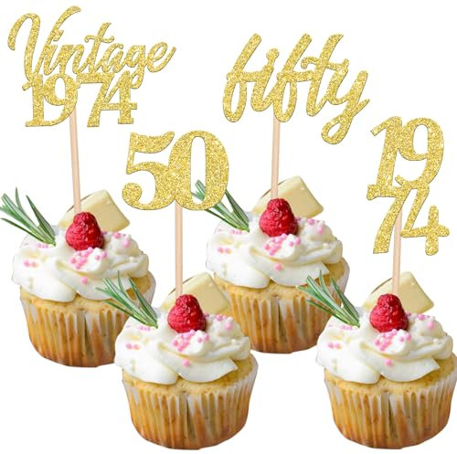 24 Stück Vintage 1974 Tortendeko Glitzer 50 Fifty Geburtstag Cupcake Toppers Awesome Since 1974 Fabulous 50 Kuchen Deko for 50th Geburtstag Jahrestag Party Kuchen Dekoration Gold