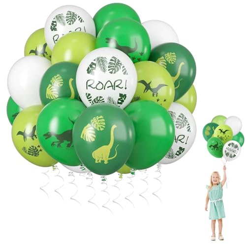 Luftballons Dinosaurier, 60 Stück Grün Weiß Party Ballons,100% Naturlatex, Geruchlos, Bunte Farben Luftballons Geburtstag,12 Zoll Latex ballon für Kinder Geburtstag Dinosaurier Dschungel Themenparty