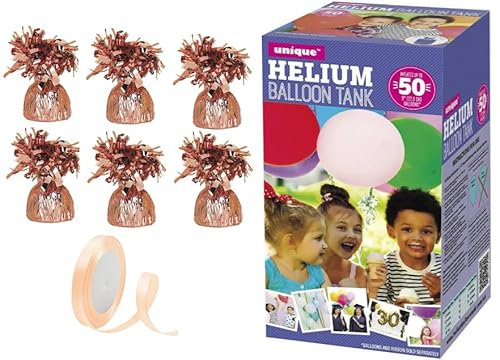 Large helium balloon canister with 6 Rose Gold balloon weights and 10m Ribbon - Canister fills upto 50 9 inch latex balloons