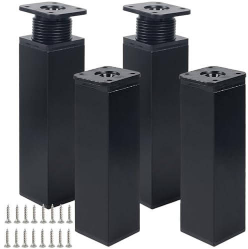 Luabue 4 Pièces Pieds de Meubles Réglables Pied de Table Metal Pied de Meuble Noir 15cm avec 16 Vis Pieds pour de Meuble Cuisine Armoires Table Réglables (Noir, 15cm)
