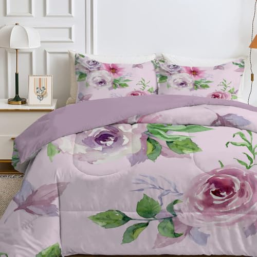 Qiwagu Bettdecke 200x200 4 Jahreszeiten, Wende Blumen Rosen Steppdecke Waschbare, Bettdecke ohne Bezug Nutzbar, Leicht Weiche Schlafdecke 200GSM, Ganzjahresdecke Hellviolett mit 2 Kissenbezug