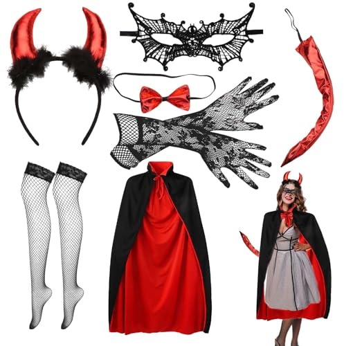 PLATEYTR Ultimatives Teufelskostüm für Damen – Faschingskostüm Teufel, Halloween-Kostüm Damen Gruselig, Inklusive Teufelshörner und Vampir Kostüm Damen Elemente