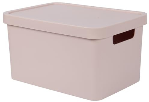 Plastic Large Storage Box with Lid, 31L Capacity, Solid Matte Colour, Decorative Design with Handle, Stackable & Nestable Space-Saving Organizer for Home & Office – 45.5 x 33.5 x 25 cm (PINK)
