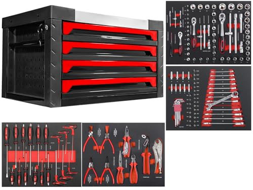 JOMAFA Caja de Herramientas Tipo Cofre con 4 Cajones Completo de Herramientas (4 modulos), 690 x 465 x 383 mm