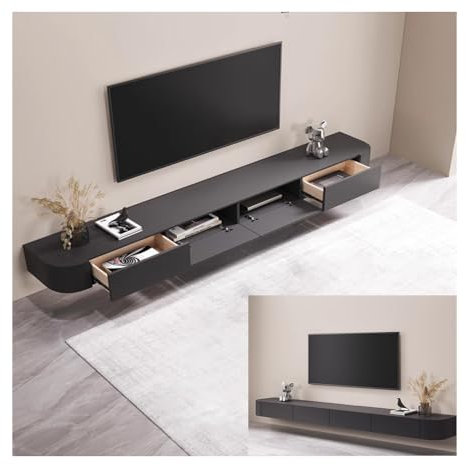 Meuble TV Suspendu Bois Massif Blanc, Meuble TV Murale 180 cm, Console TV Flottante, Moderne Console Multimédia Divertissement Murale, Grand Banc Rangement pour TV pour Salon (Noir, 260cm)