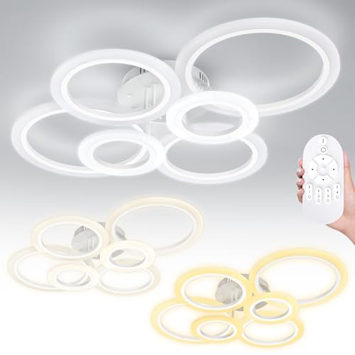 YRHome LED-Ringleuchte LED Deckenleuchte Dimmbar Deckenlampe Weiß mit Fernbedienung Ringform Deckenlampen Moderne Schlafzimmer IP44 Wohnzimmerlampe für Stilvolle Einrichtungen - 96W - mit 5 Ringen
