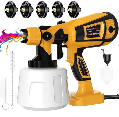 TOPALL Pistola Pintura Electrica Bateria,200W 32000PRM 1000ML HVLP Pistola para Pintar Paredes y Techos,Pistola Pintar,Pulverizador de Pintura,con 5 Boquillas y 3 Patrones, Amarillo