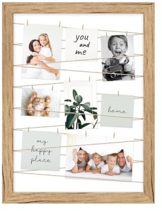 KNOR Clip-Fotohalter, Fotowand zum Anbringen von Fotos, Fotohalter Fotorahmen Bilder Rahmen Galerie, mit 20 Kleinen Holzklammern (Eiche, 50x70 cm)