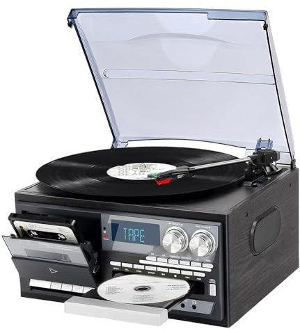 Vinyl Record Player, Bluetooth Turntable with Built-In Speakers, 3 Speed Retro Design, CD and Cassette Playback, Frosted Dust Cover