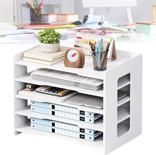 Umllpet Briefablage A4, Schreibtisch Organizer fürs Büro, Schreibtisch-Ablage zur ordentlichen Aufbewahrung von A4-Papier, Stiften, Büchern, Briefen, Dokumenten, Dokumentenhalter (Weiß-5 Fächer)
