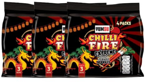 Yumsu Chilli Fire Extreme Flavour Instant Ramen Noodles Assorted Packs Extra Spicy Halal Noodle Soup, Asian Hot Snack, Quick & Easy Meal (Pack of 12)