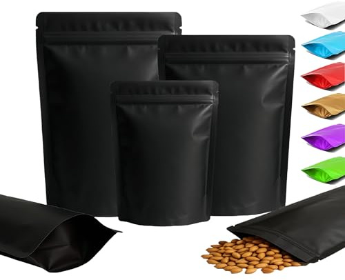 Plaphy 100-pack Stående Aluminiumfolie Zippåsar Återförslutbara, Matta Färgade Stand up Ziplock Mylarpåsar, Lufttäta Doypack för Förpackning och Förvaring Livsmedel, Snacks, Godis (Svart, 10 x 15 cm)