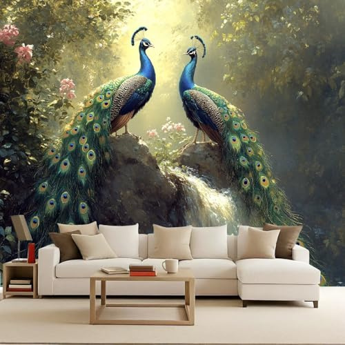 Vlies Fototapete 200x140 cm Wald Pfau Vintage Bunt Vogel 3D Effekt Mustertapete Matt Vliestapete Wasserdicht Wandtapete Tapete Geeignet für Schlafzimmer Kinderzimmer Wohnzimmer Wand Deko