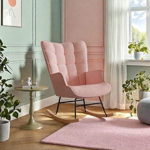 Schaukelstuhl Sessel Relaxsessel Schaukelsessel Wohnzimmersessel Schwingsessel Akzentstuhl für Schlafzimmer, Wohnzimmer Schaukelstuhl aus Teddy-Stoff mit Karierter Rückenlehne (Rosa)