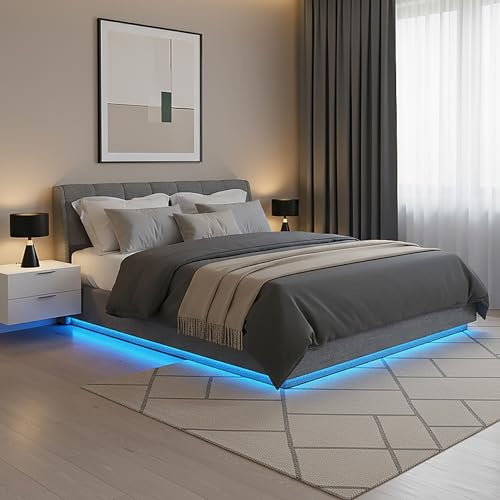 [en.casa] Polsterbett 180x200 cm Tröstiar Leinen Anthrazit | Doppelbett mit LED-Beleuchtung, Bettgestell 180x200, Stauraum, Gepolstertes Kopfteil, Bettkasten, aufklappbarer Lattenrost