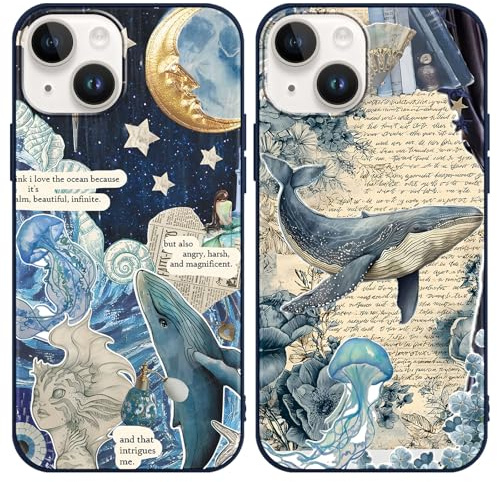 Tivkofk 2 Pack Cute Print Case for iPhone 13/iPhone 14 6.1'', Vintage Whale Collage Preppy Summer Girly Design Phone Case for Girls Women, Slim Soft Silicone Shockproof Bumper Protective Cover