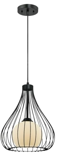 62051 One-Light Indoor Pendant, Matte Black Finish with Metal Cage and Frosted Globe