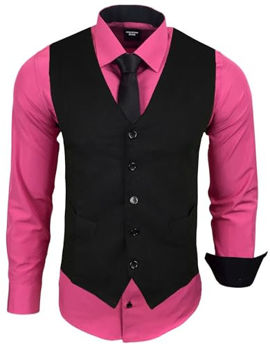 Subliminal Mode - Gilet + Chemise + Cravate Homme Col Bicolore Uni Manches Longues Coupe Ajusté Business Repassage Facile RN33 Noir et Rose Fushia M