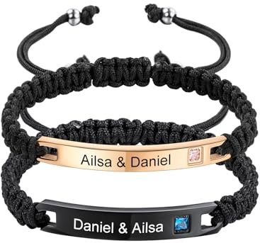 MeMeDIY Personalisiertes Armband Passende Armbänder für Paare Eingravierter Name Text Datum Verstellbares Handgefertigtes Geflochtenes Seil Armband Individuelles Edelstahl Schild (A1)