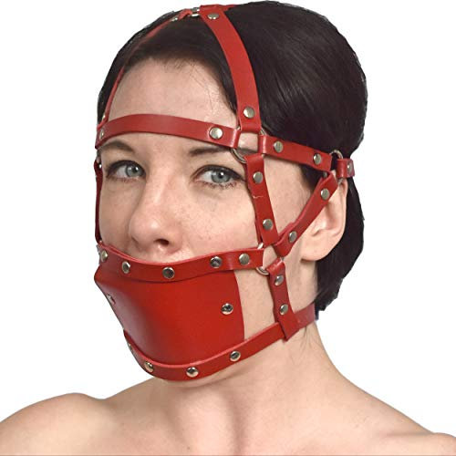 Honeylust - Kunstleder Mundknebel mit Nieten in rot - mit verstecktem Gag-Ball - Erotik Mouth Gag - BDSM Sexspielzeug für heiße Fetisch Spiele - Ballknebel Kopfgeschirr