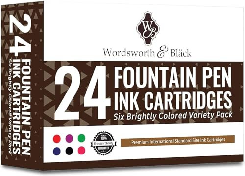 Wordsworth & Black 24 Pack - Cartuchos de tinta para pluma estilográfica - Variedad de colores - Tamaño estándar internacional - Longitud aprox. 3,8cm - Diámetro de la base aprox. 0,6cm - Desechable