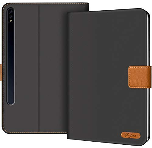 CoolGadget Tablet Hülle für Samsung Galaxy Tab Tab S7/S8 Jeans Look Grau | Textil Klapphülle mit Diagonalstruktur, vier Fächer für Karten plus Geldfach, Standfunktion, Verschlusslasche