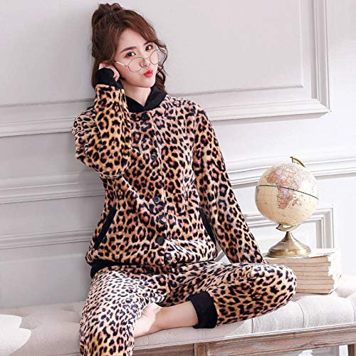 NYLHK Pigiami Invernali Donna,Inverno/Leopardo/Stampa Pigiama in Pile Corallo Set Addensare Warm Soft Flanella Sleepwear Cardigan Manica Lunga Plus Size Sciolto Homewear Donna,L