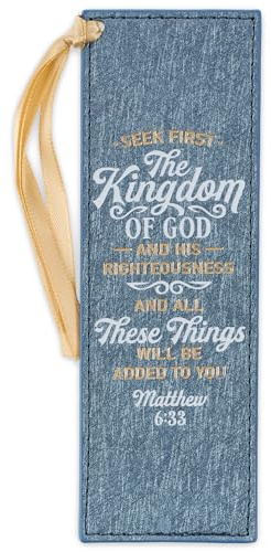 Christian Art Gifts Sparkly Metallic Blue Faux Leather Bookmark for Women: Seek First The Kingdom of God - Matthew 6:33 Inspirational Scripture Bible Verse for Reading Books w/Golden Satin Ribbon