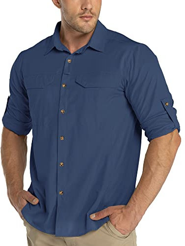 33,000ft Men's Long Sleeve Hiking Shirt Lightweight Quick Dry UV Button Shirts with Pockets Outdoor Shirts for Safari Walking Fishing Dark Blue XXL