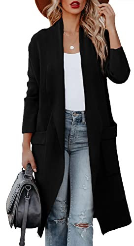 Maavoki Cardigan da Donna, a Maniche Lunghe, Aperto sul Davanti con Tasca, Casual, Lungo, Tinta Unita, Nero, L