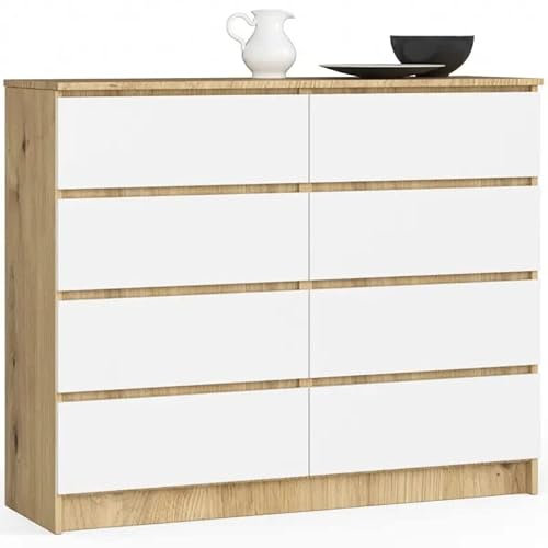 3xE Living Kommode 120 cm, 8 Schubladen, Artisan Eiche Weiß, 120 x 40 x 99 cm