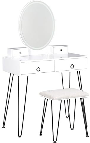 Beliani Schminktisch mit LED-Spiegel oval USB-Port 4 Schubladen Hocker weiß Glamour Soye