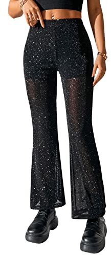 GORGLITTER Festival Outfit Damen Rave Transparent Mesh Hose Party Hose Glitzer Schlaghose Sexy Hosen Tanzhose Techno Outfit Hosen Sommer Schwarz Schwarz S