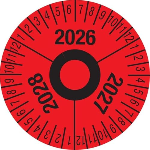 Prüfplakette 3 Jahre 2026–2028– Ø 40 mm – selbstklebende Mehrjahresplakette mit Monaten 1–12 – rote Folie (0,1 mm) – 10 Stück je Bogen – witterungsbeständig, Made in Germany