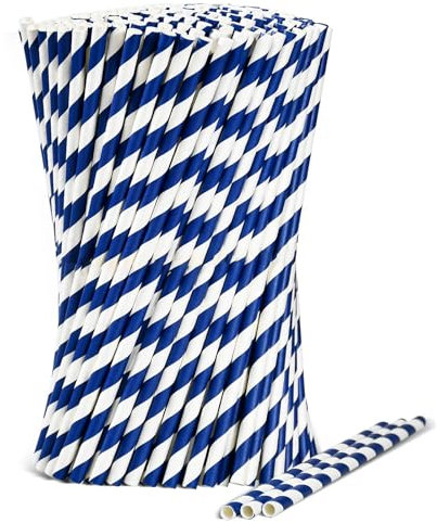 Lot de 1000 pailles jetables en papier rayé bleu et blanc 19,7 cm, 0,6 cm de diamètre – 100 % biodégradable