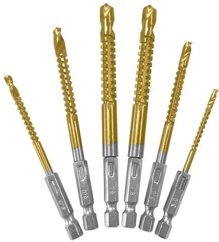 JONMON 6 Pack Titanium Coated HSS Twist Drill Bit Set, 3-8mm Hex Shank Serrated Cutting Drill Bit Woodworking Tools for Wood Metal Plastic Hole