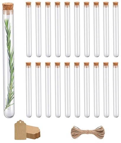 20 Tubes à Essai en Verre 20x200mm avec Bouchon en Liège (45ml) + 20 Étiquettes Kraft + Ficelle de Jute | Éprouvettes de Laboratoire | Souvenirs d'Anniversaire, Fiole pour Bonbons, Dragées