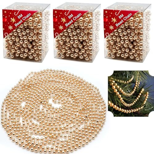 Lot de 3 chaînes de perles de sapin de Noël, or rose de 8 m, guirlande de perles de Noël à suspendre, fournitures de fête à la maison, charmantes décorations de vacances d'intérieur et d'extérieur