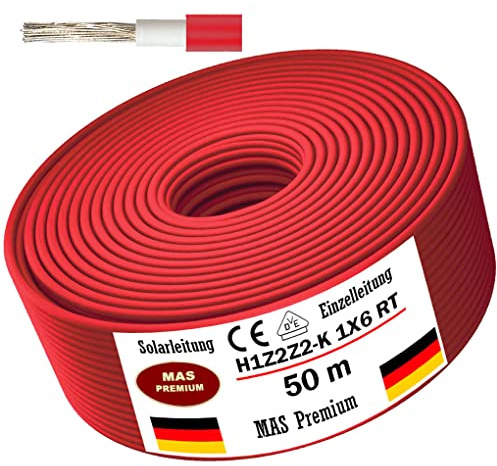 Solarleitung H1Z2Z2-K 4, 6, oder 10 mm² Von 5 bis 200m Solarkabel Schwarz, Rot oder Blau Erdverlegbare Einzelleitung Photovoltaik Halogenfrei Doppelt isoliert (H1Z2Z2-K 6, Rot, 50m)