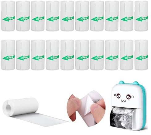 20 Rollen Thermopapier Selbstklebend 57 x 25mm, Mini Drucker Sticker, Thermopapier für Kinder Sofortbildkameras und Selbstklebender Bedruckbarer Aufkleber, für Fotos Notizen Aufkleber (3m/1Roll)