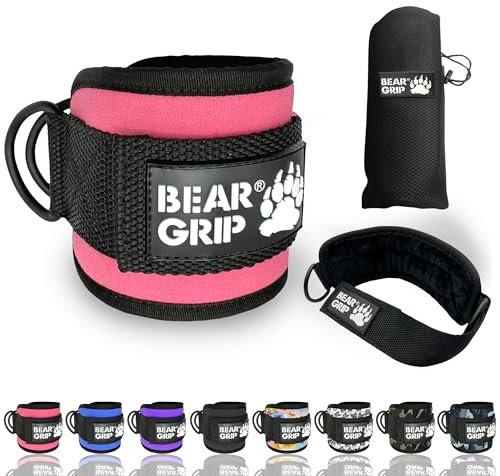 BEAR GRIP - Ankle Straps for Cables with New Fleece Design - Strong Closure, Double Stainless Steel D-Ring, Adjustable Neoprene - For Men & Women (Baby Pink Single)