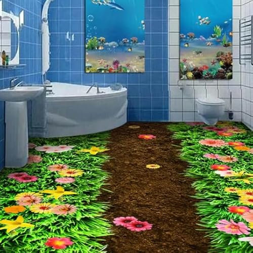 Frisches Grünes Gras, Blumen, Garten, Badezimmer, 3D-Boden, Benutzerdefinierte Große Fresko-PVC-dicke, Wasserdichte, Tragbare Bodenaufkleber,350cmX245cm